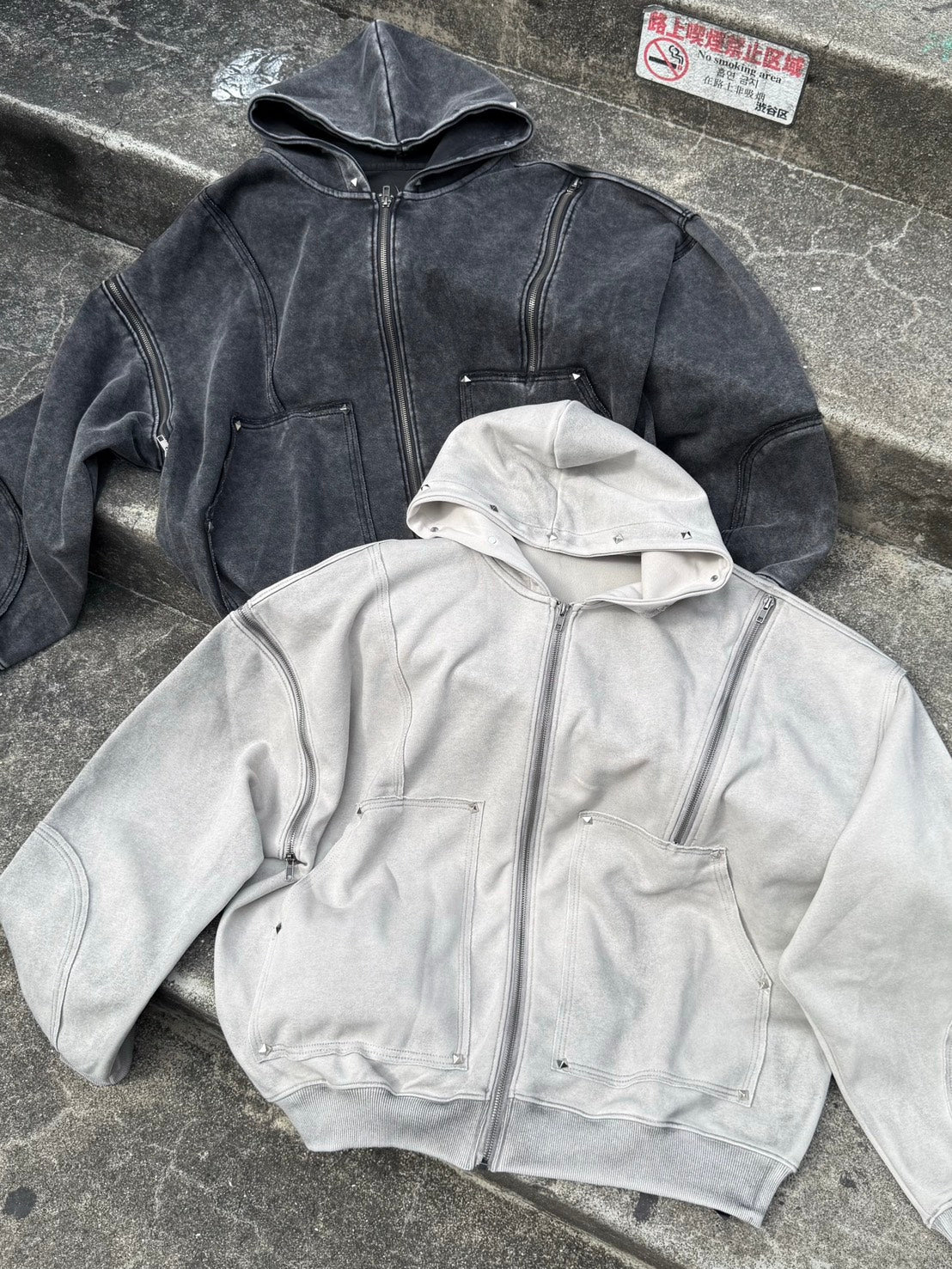 Never mind the XU】studs washing zip up hoodie / 【ネバーマインド