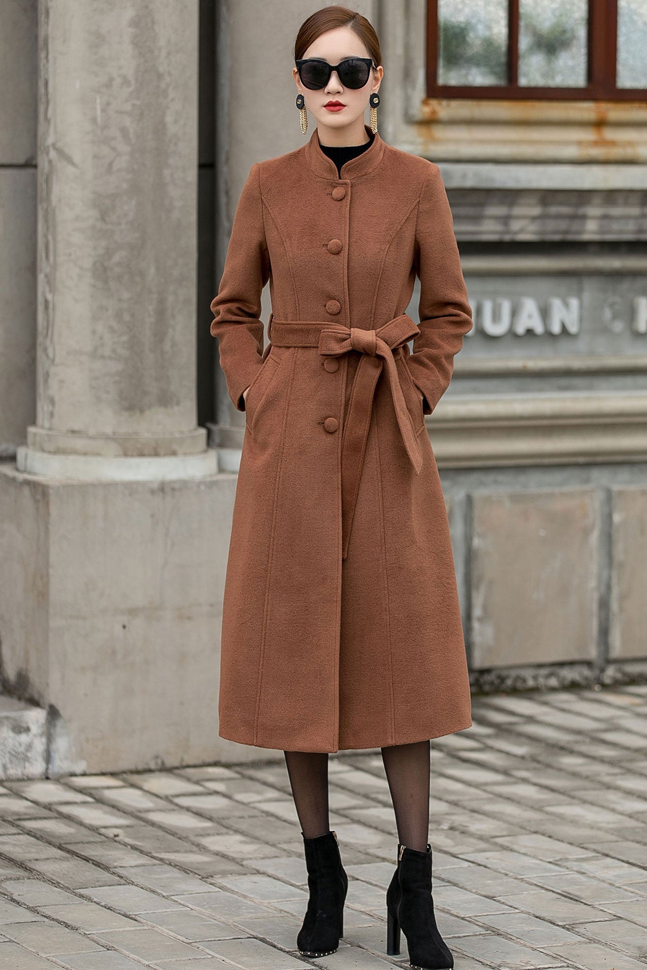 Camel Wool Coat – Handmade Stand Collar Winter Midi | Xiaolizi