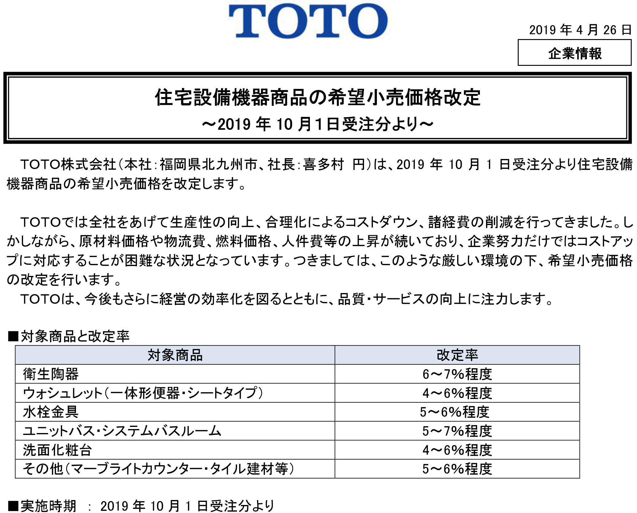 パナソニック・TOTO住宅設備機器の価格改定 | リフォームやすだ