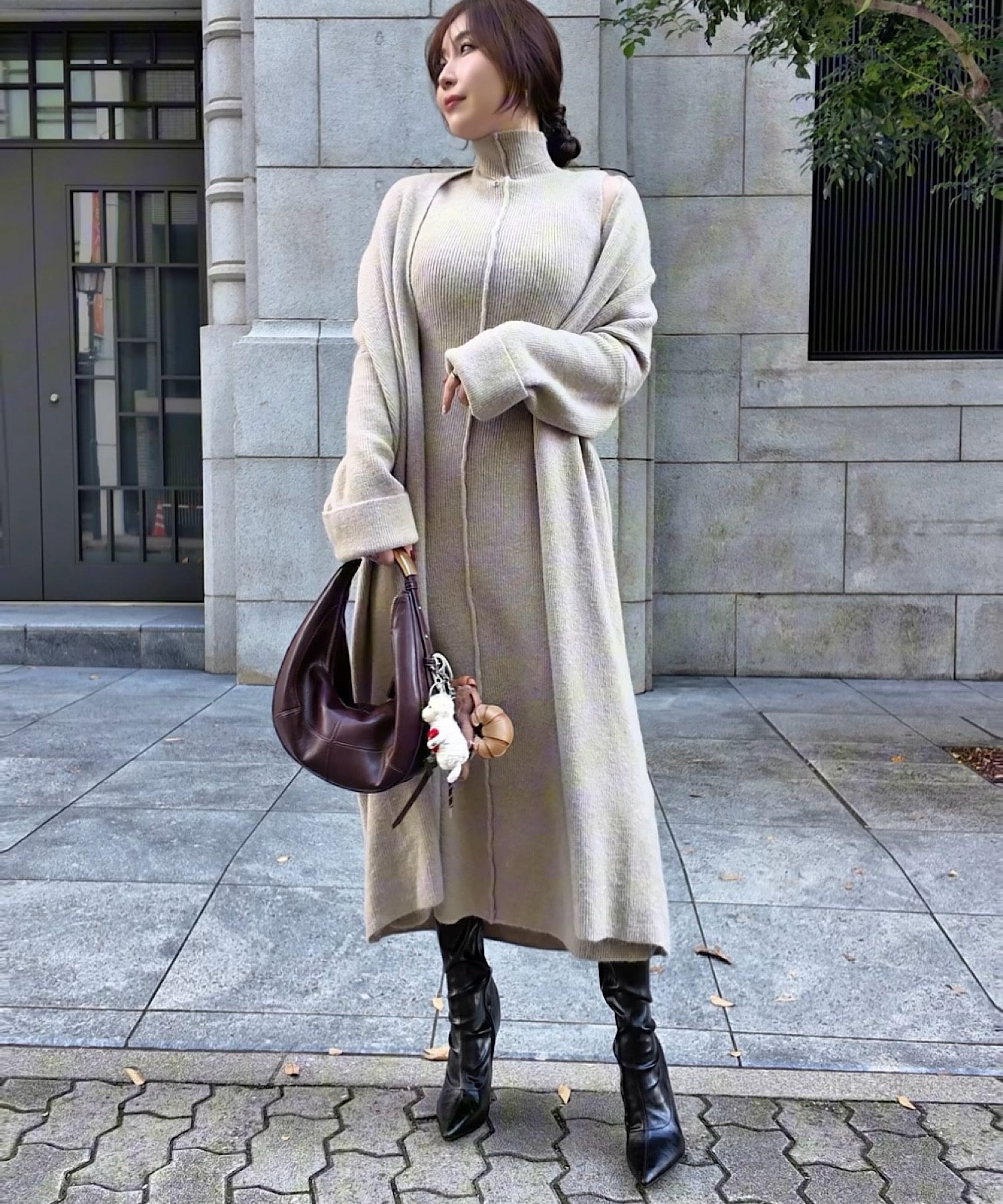 ショルダースリット ハイネックワンピ＆ロングカーデセット｜THEODORIC