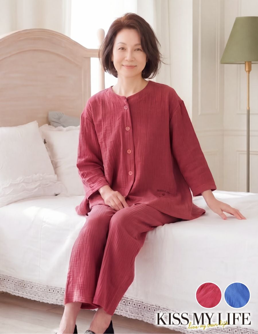 伸びるダブルガーゼ 女性用ルームウェア 前開きパジャマ 【KISS MY LIFE】