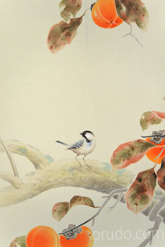 北条静香 柿に目白 掛け軸 絹本 合箱 柿 目白 北条静香 柿に目白