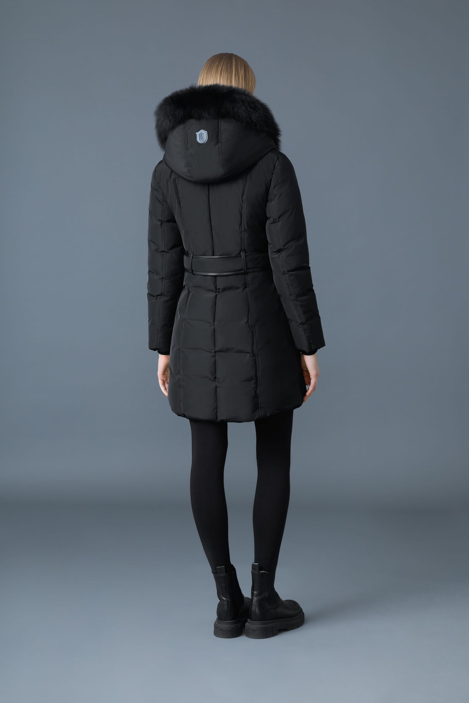 Kay-BX, Down coat with blue fox fur Signature Mackage Collar for