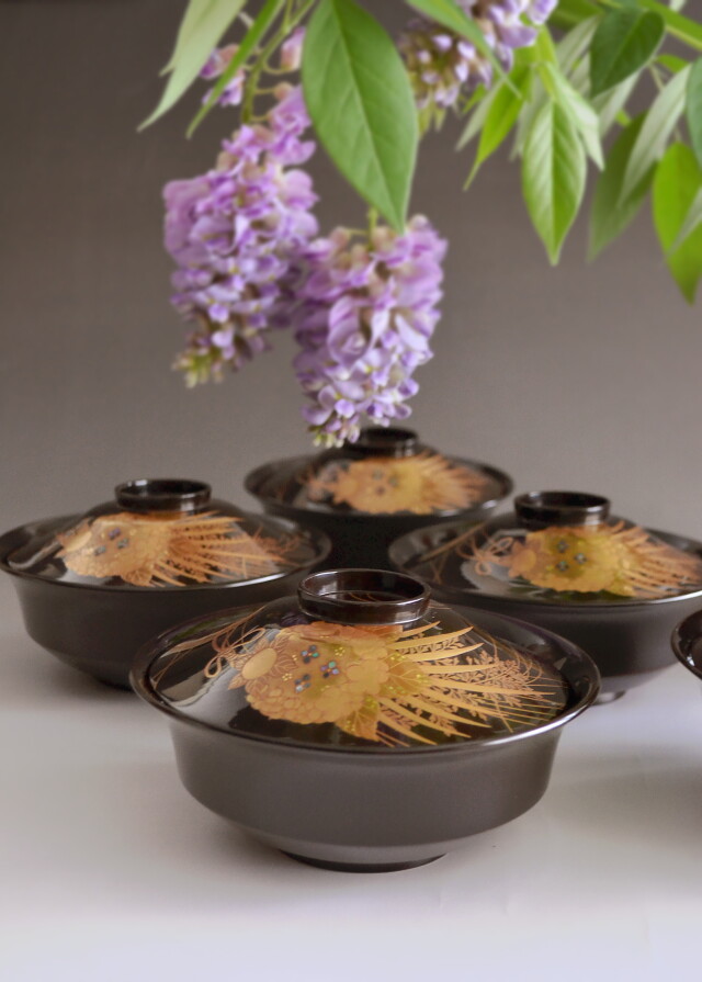 加賀蒔絵漆椀5客 蒔絵椀 漆器 Antique Sam's Collection