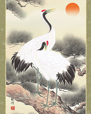 真作/安田素風/松上双鶴図/布袋屋掛軸HI-800 真