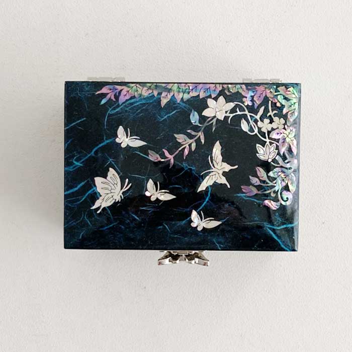 螺鈿細工 宝石箱 小物入れ 青に螺鈿の上品な輝き 蝶の 韓国伝統工芸