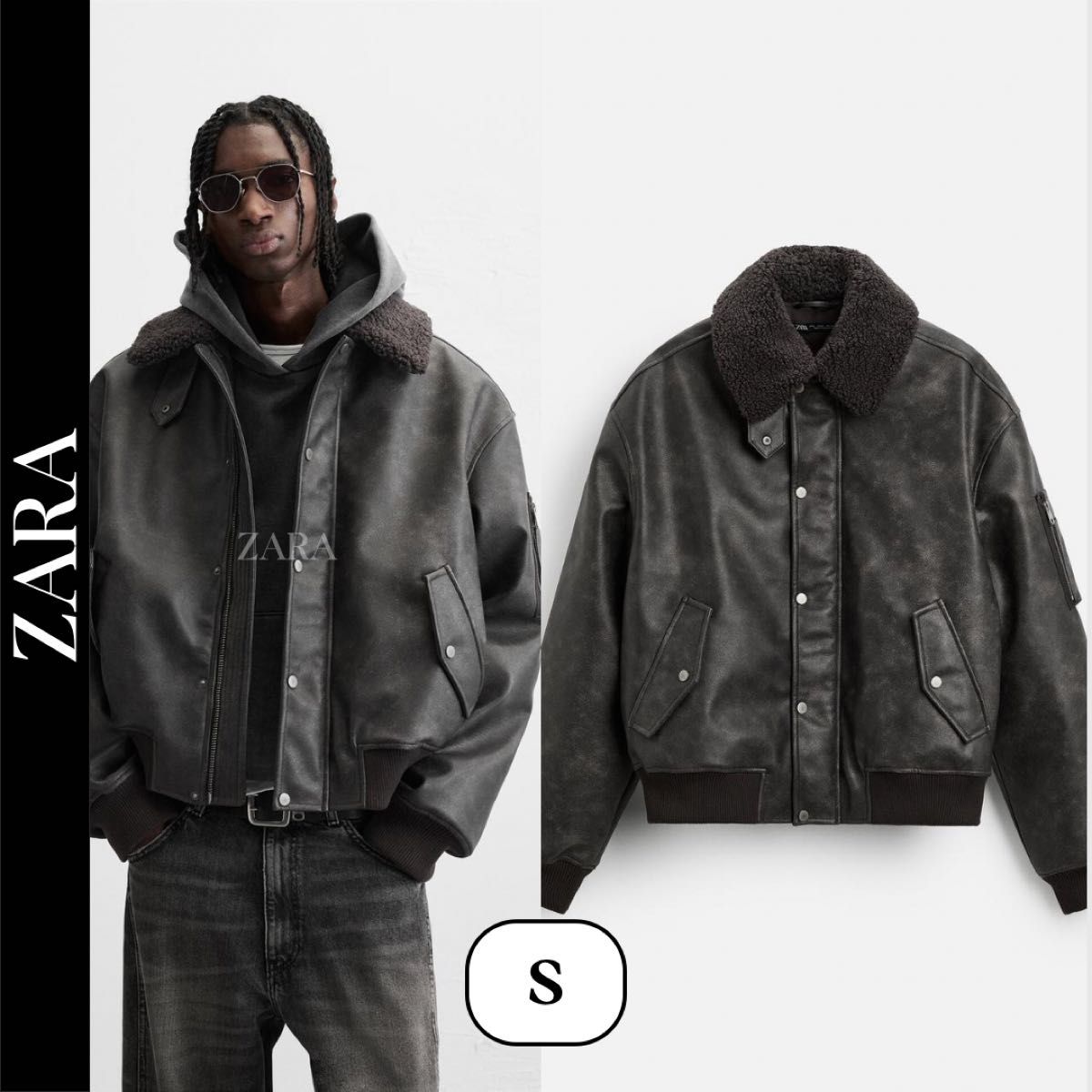 ZARA ザラ フェイクレザー 取り外し可能な襟付きジャケット S｜Yahoo