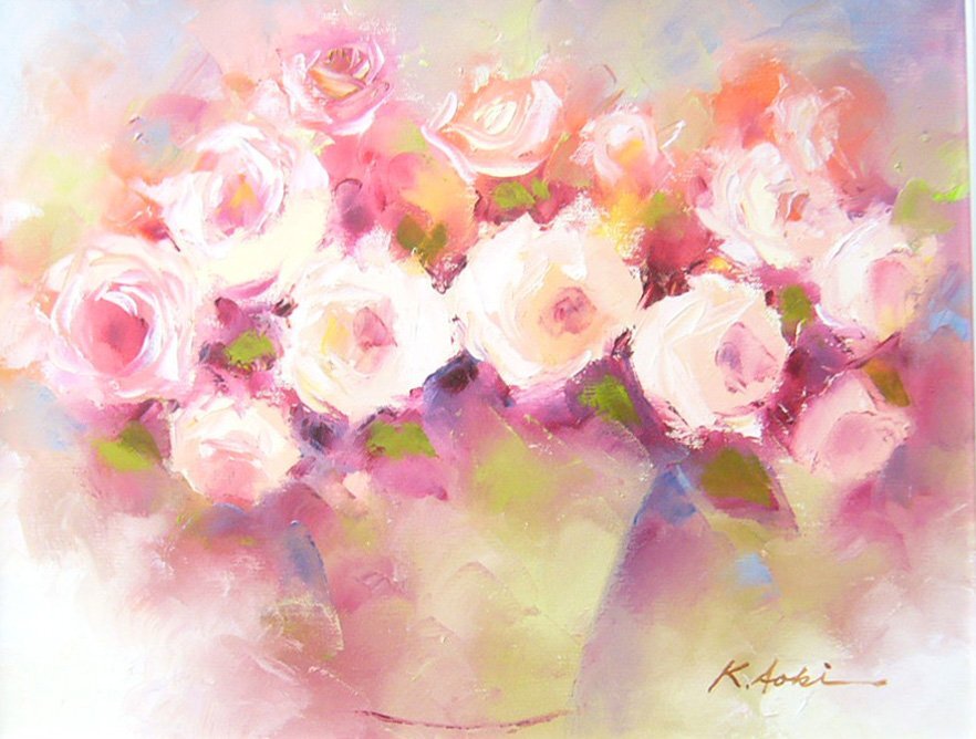 絵画 油絵 青木今陽 肉筆油絵 ピンク色の薔薇 絵画 油絵 青木今陽