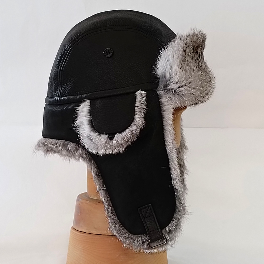フライトキャップ 牛革(黒)×ラビットファー(グレー) つばなし飛行帽