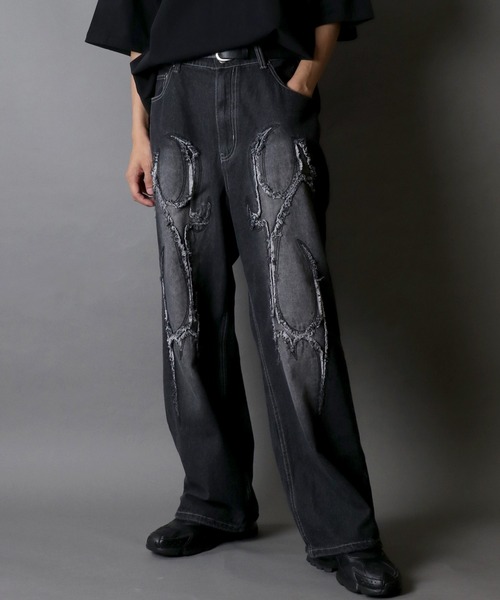 セール】Overdye Tribal Design Fringe Denim Pants/オーバーダイ