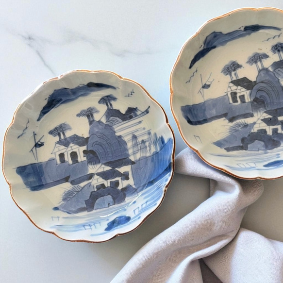 伊万里染付山水膾皿2枚組 鉄釉縁取り 手描き風景 国内残留品 お椀