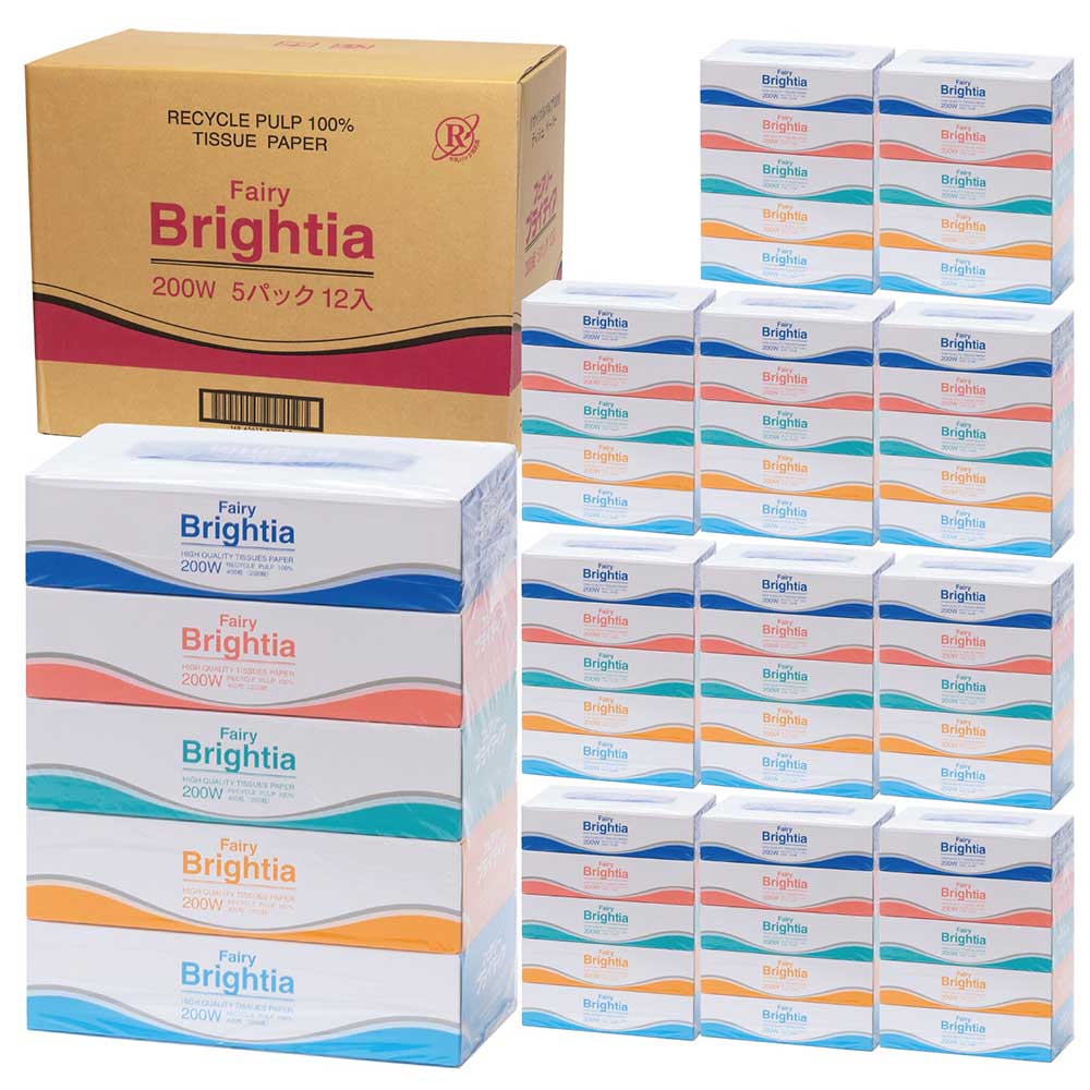 紙BOX】ブライティアBOXティシュ― 200組｜60パック（5パック×12入