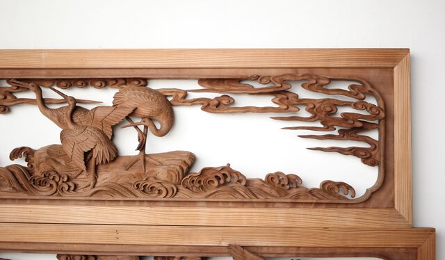 井波彫刻 野村清雲 細密木彫雲鶴 欄間 2枚1組 R0411Y｜骨董店 のびる