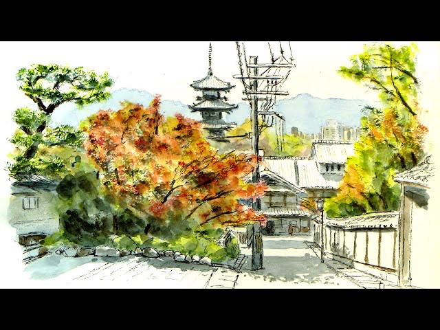 近くの木々はドライブラシが効果的！？ ／ 京都・八坂の塔 【透明水彩