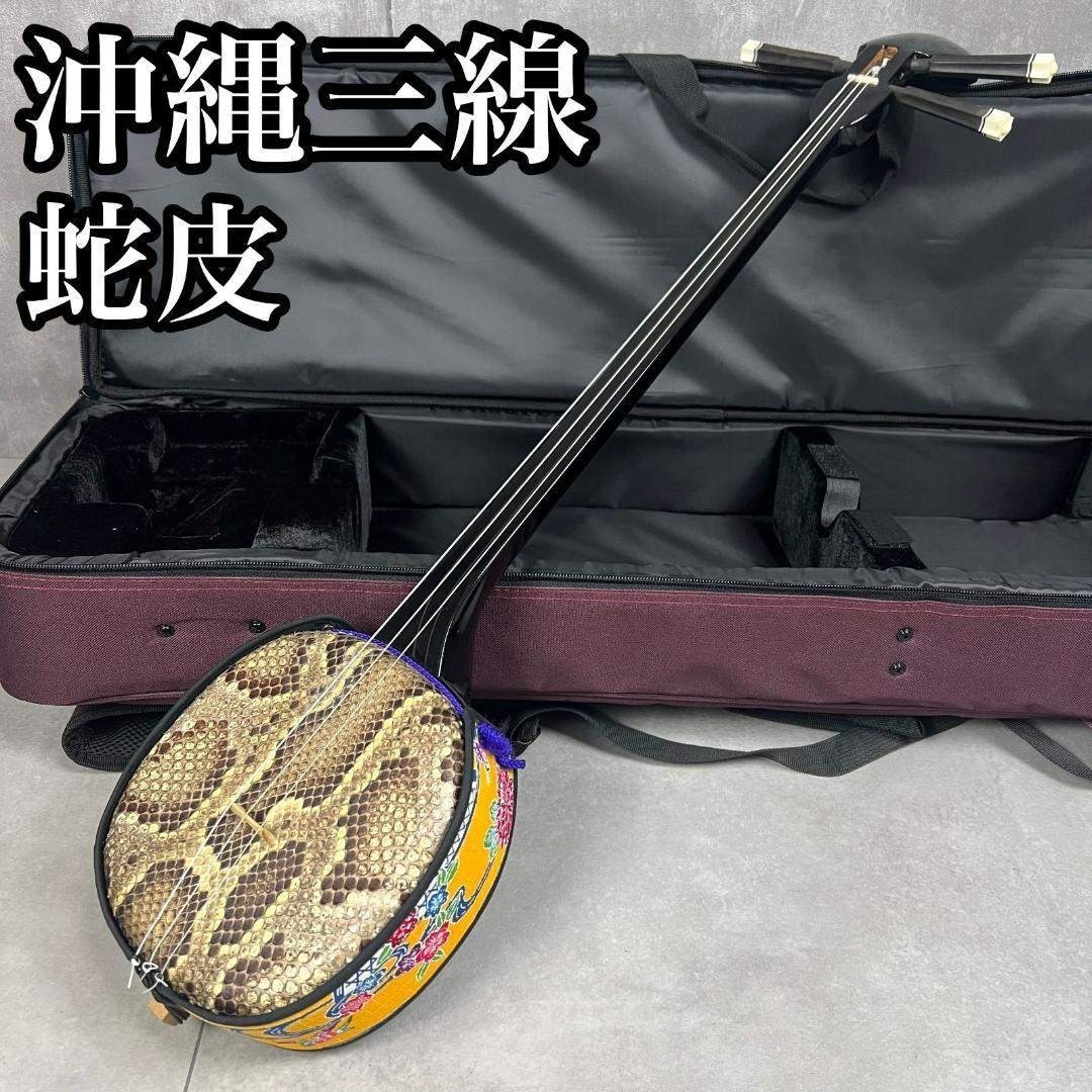 本蛇皮 沖縄三線 強化張り 全長約80cm セミハードケース へび パイソン