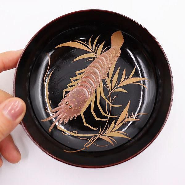 大正時代の魚蒔絵アンティーク漆器小皿