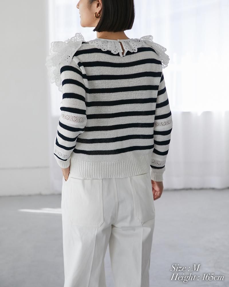 レースフリルニット(ネイビーボーダー) - seventen