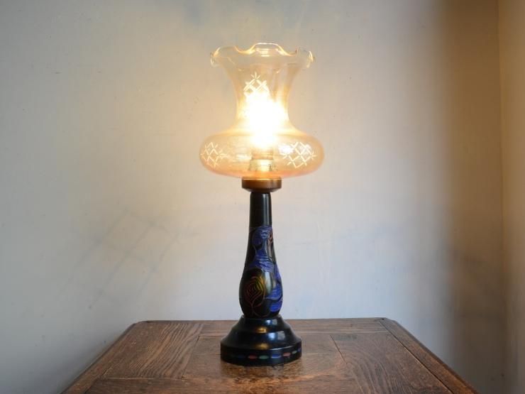 アンティーク ガラスシェード付 木製テーブルランプ｜アンティーク照明