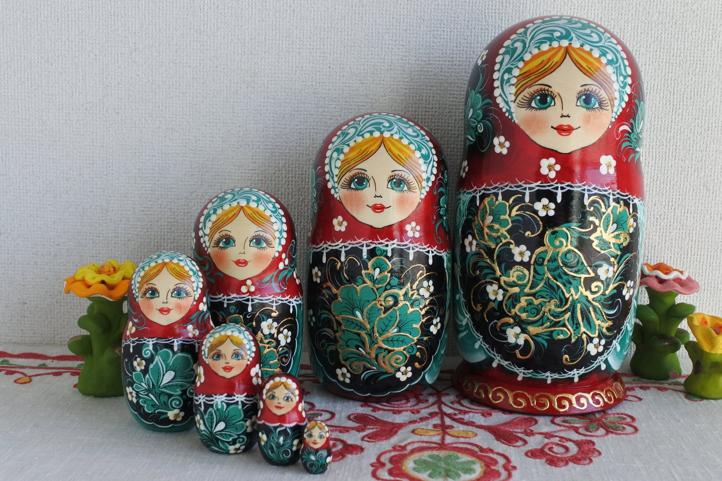 マトリョーシカ 7ピース ロシア民芸品 グリーン 小鳥 ロシア雑貨いりえ