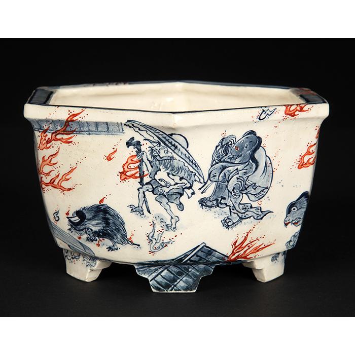 七代渋草柳造染付百鬼夜行図六角鉢 盆栽鉢 植木鉢 盆器 作家鉢