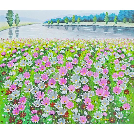絵画 油絵 コスモス畑 （大野純一） 【肉筆】【油絵】【花】【10号