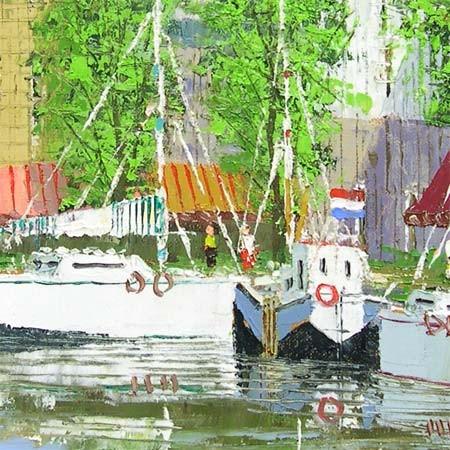 絵画 油絵 運河のある街（アムステルダム） （黒沢久） 【肉筆】【油絵