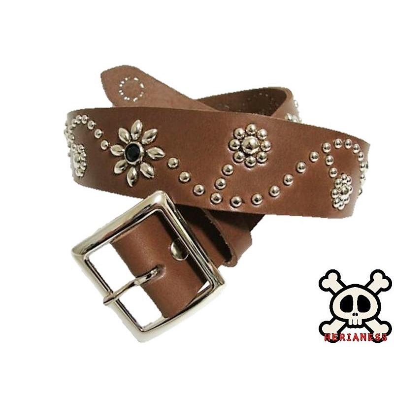 栃木レザー フラワー型 スタッズベルト チョコ ブラックスポッツ 日本