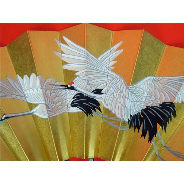 舞扇子 日本舞踊・踊り用 29cm 二羽鶴、金地、手書き 黒塗骨 箱付き