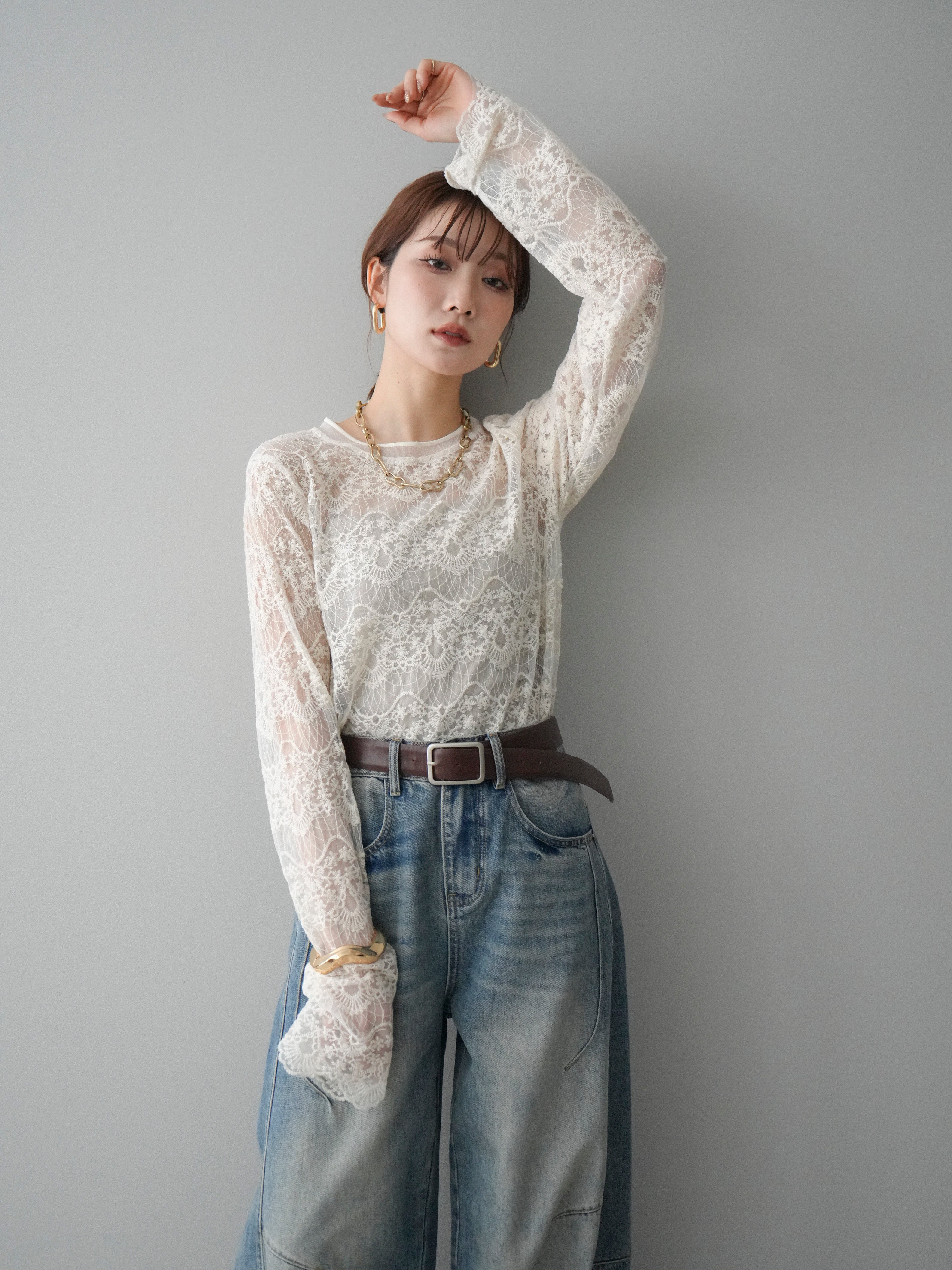 SET]チュールレーストップス+ベルト付カーブデニムパンツ(2set) – Lumier