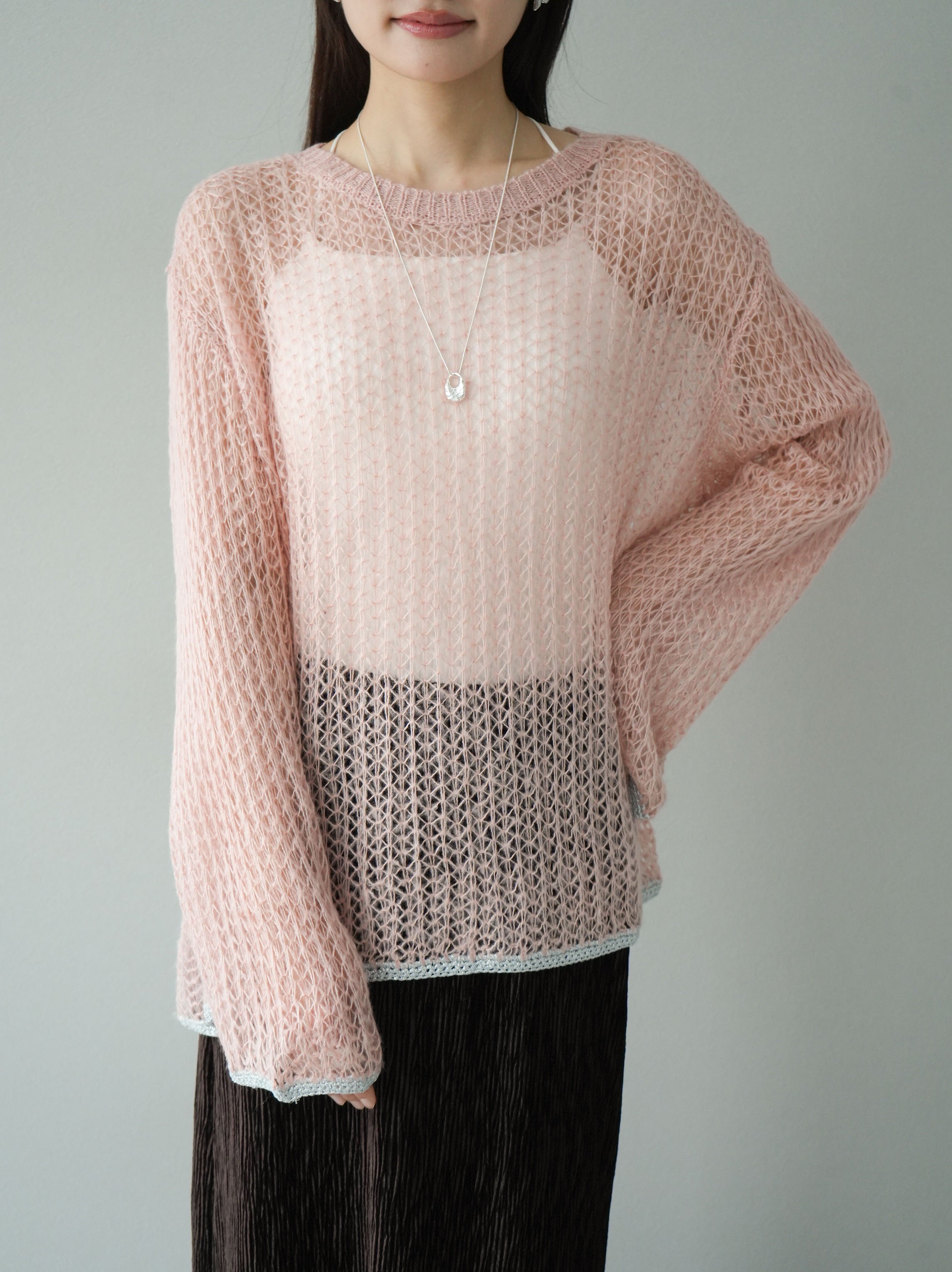 予約]ラメ配色透かし編みニットプルオーバー/ピンク – Lumier