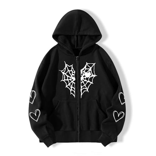 Oversized Y2K Zip Up Hoodie for Women Men Gothic Spider Web Heart