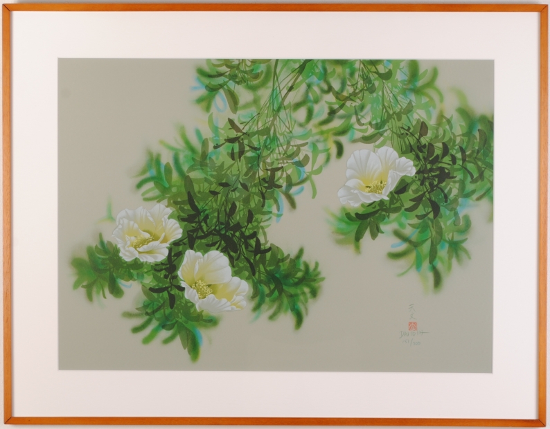 花の絵画をリトグラフの版画で制作したデビット・リーの牡丹の花の絵