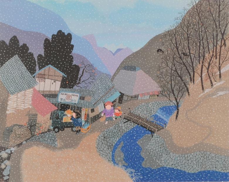 原田泰治がオフセットの版画で制作したインテリアの絵画「はつ雪」をご購入