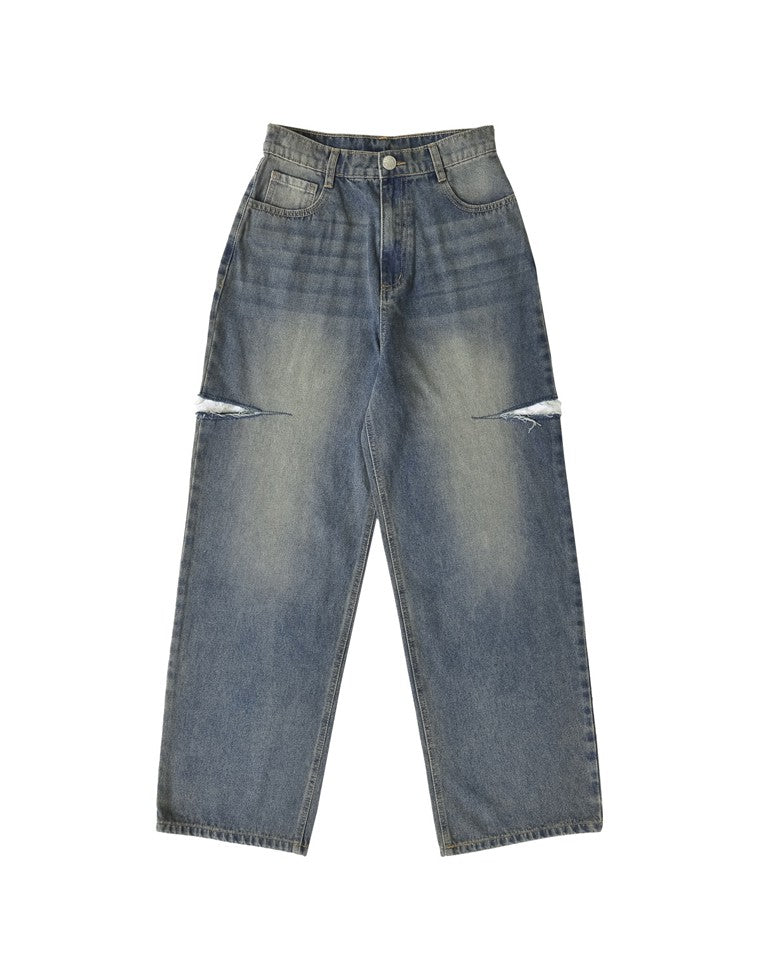 サイドスリットワイドストレートコットンデニムパンツ - パンツ通販