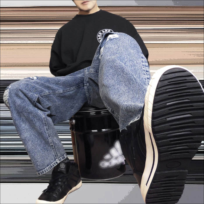 ワイド ジーンズ メンズ ダメージ加工 リペア 穴あき 太目 デニム