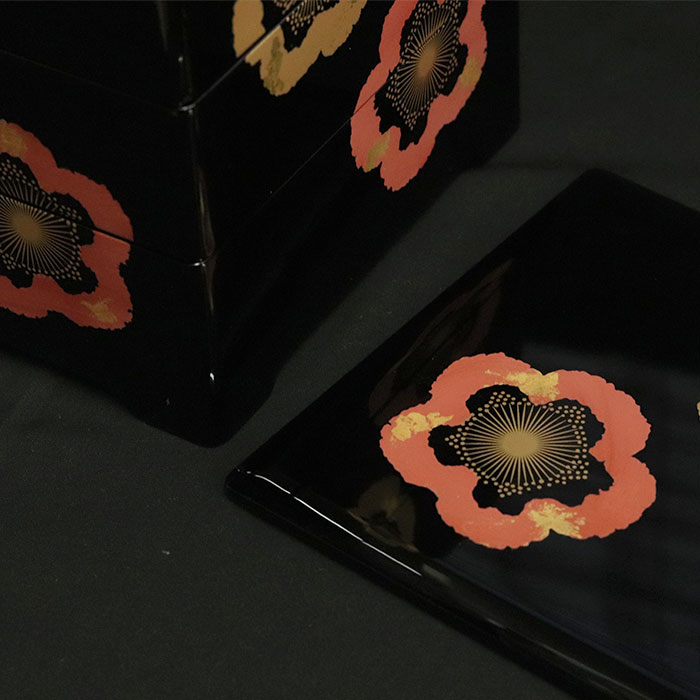 重箱 3段 日本製 国産 会津漆器 6.0 三段重共足 金彩梅 黒 内朱 6寸 5