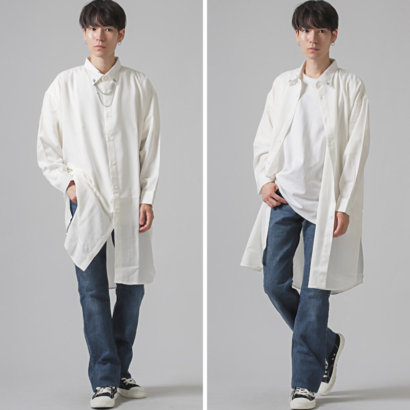 シャツ 長袖 ロング丈 ビッグシャツ メンズ レディース チェーン