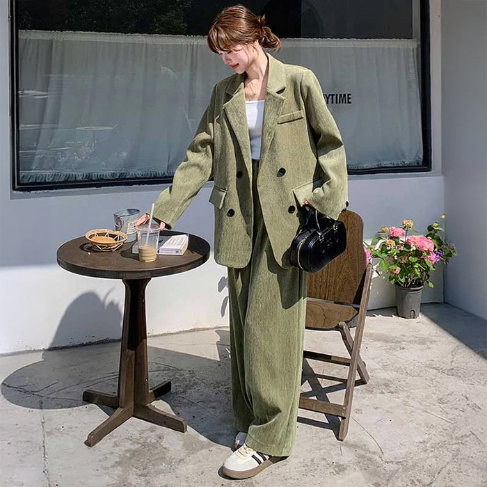 オーバーサイズグリーンセットアップ（緑）秋/冬 都会的なカジュアルスーツ