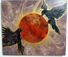 カラスの油絵◇1点物絵画◇アイヌ模様/パワーアート/真作/作者サイン