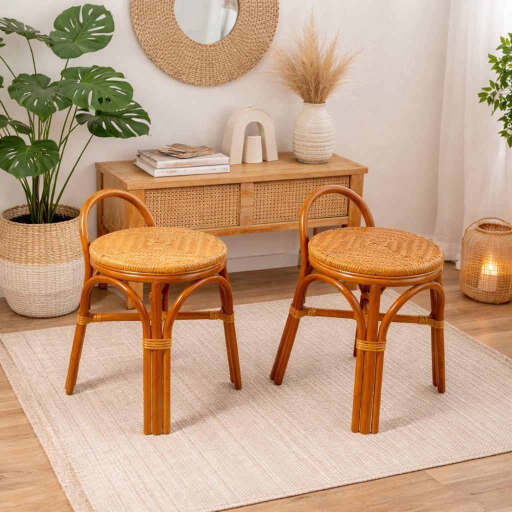 新品 】籐（ラタン）製 スタッキングスツール 2脚セット 軽量 天然素材