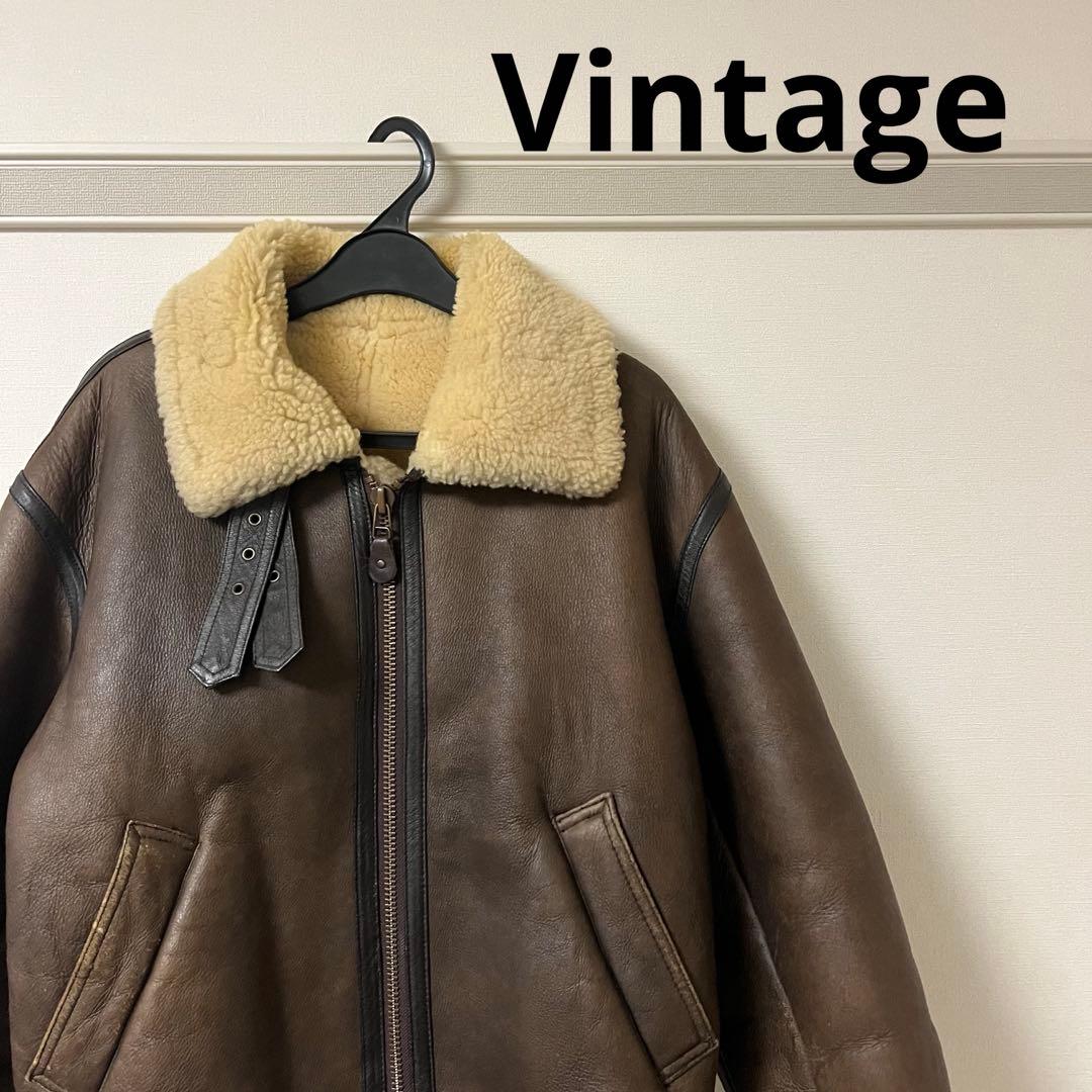 【vintage】リアルムートンジャケット ブラウンレザージャケット ボア襟付き vintage】リアルムートンジャケット ブラウンレザージャケット ボア襟