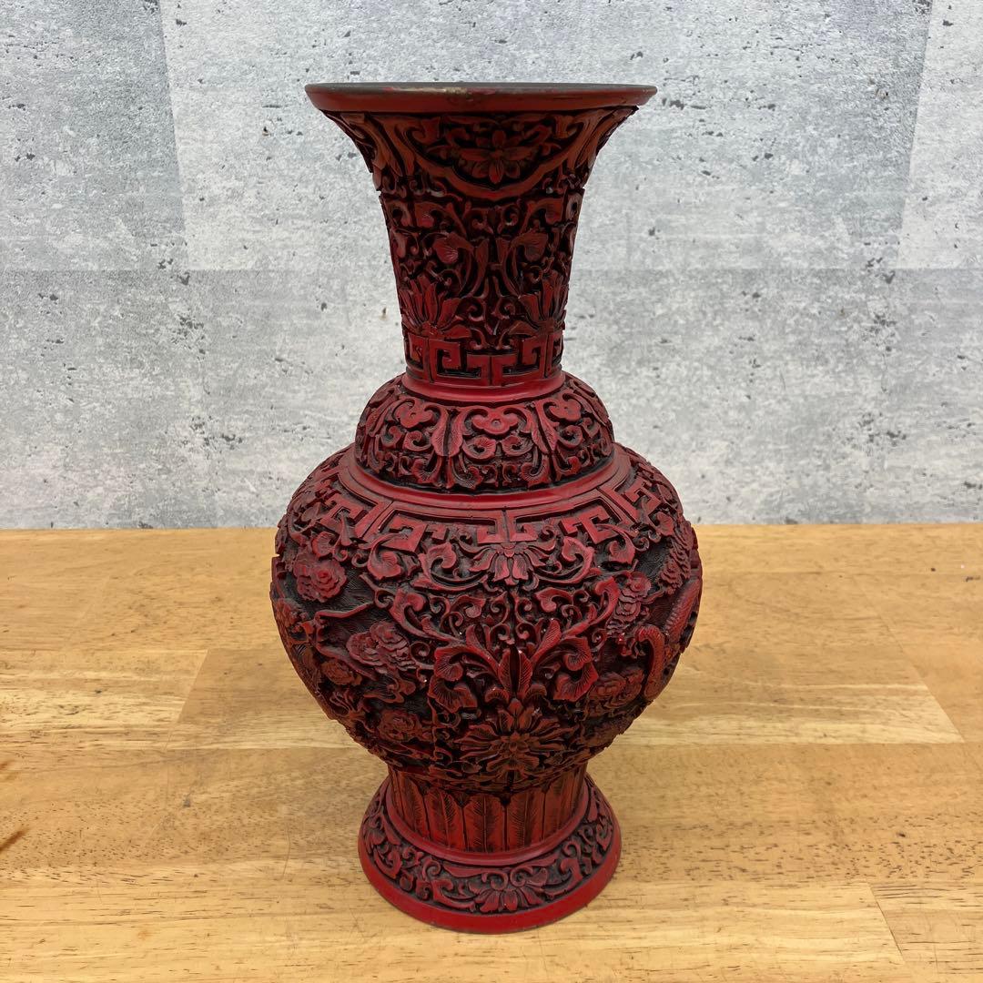 中国美術工芸品 骨董品 堆朱 龍 竜 花 彫刻 赤壺 壺 飾り壺 花器 花瓶