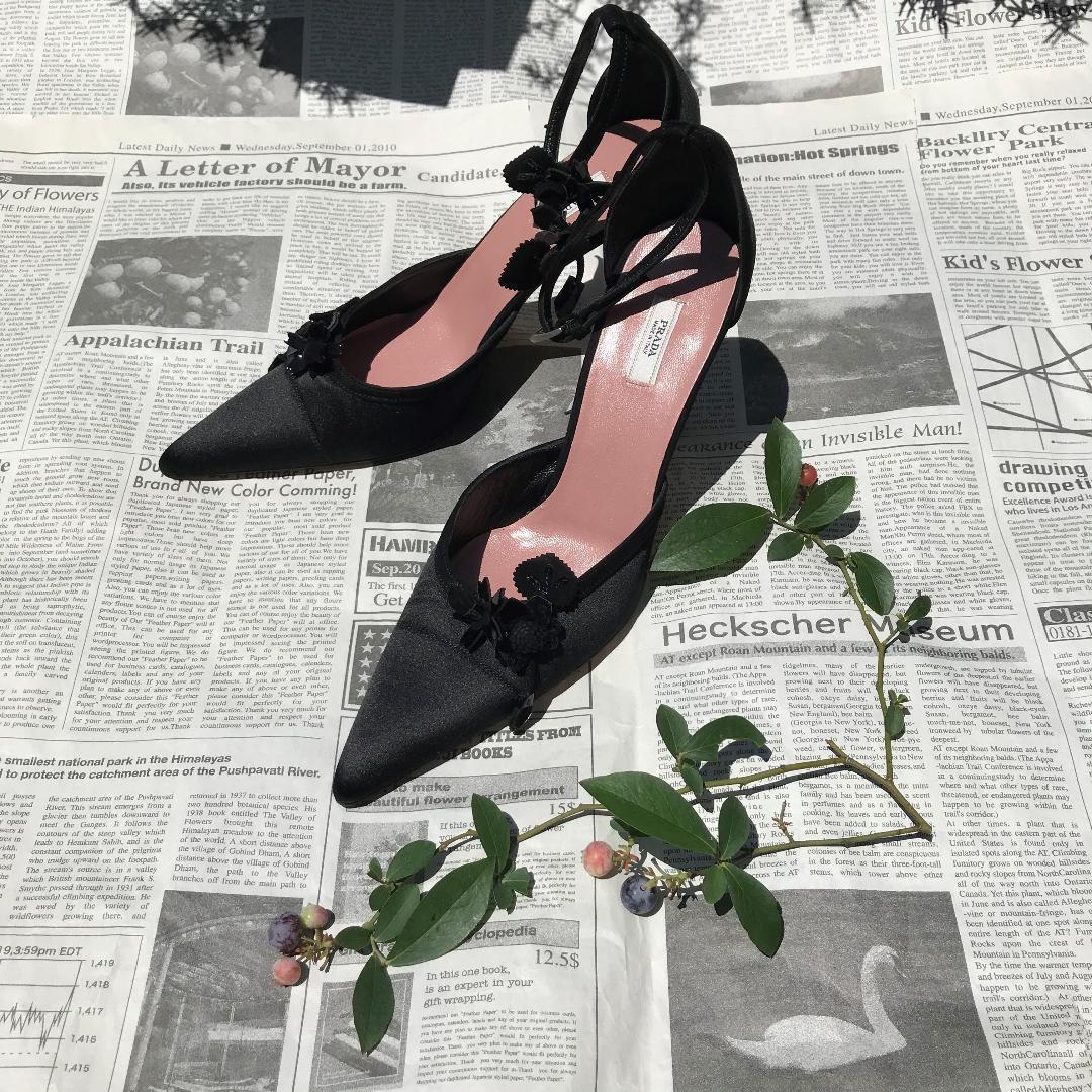 新品！プラダ サテン X スエード ブラック パンプス 37 1/2