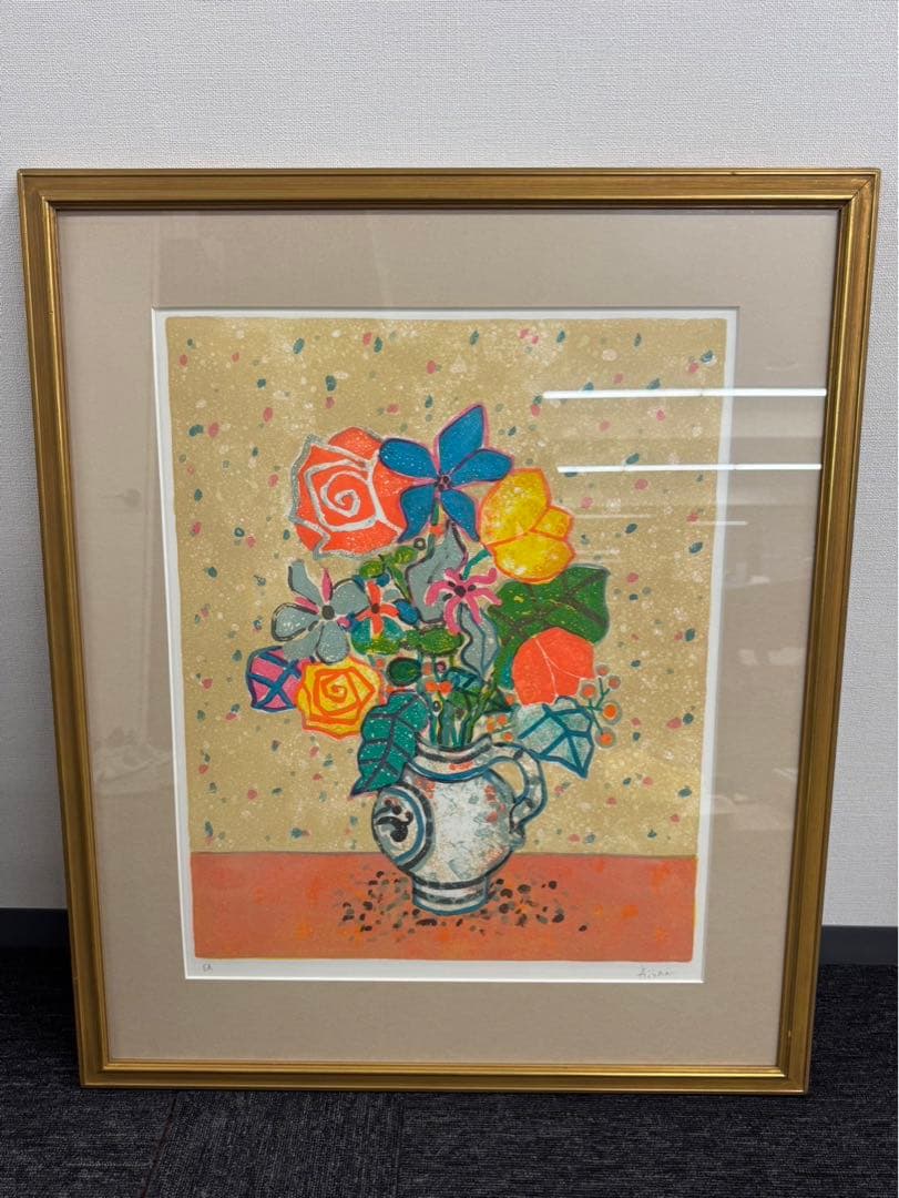 リトグラフ ポールアイズピリ　白い花瓶の花　EA 直筆サイン ポール・アイズピリ「花瓶の花束・野の花」リトグラフ 直筆サイン EA