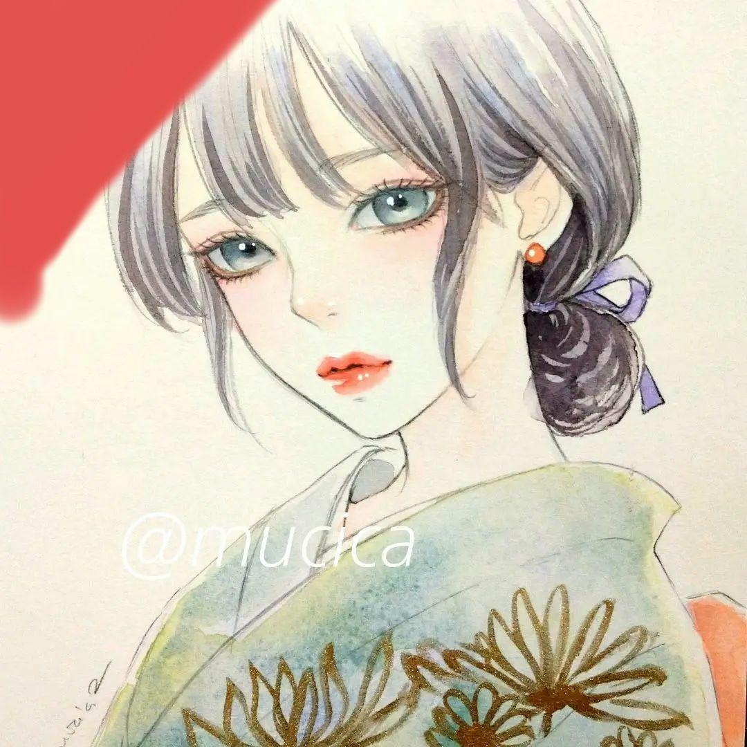 251130 手描きイラスト　絵画　オリジナル　アナログ　水彩画　美人画　和装 倉田冨美「 舞妓 」 日本画 F4 ( 4号 ) 絵画 肉筆 手描き 真筆 美人画