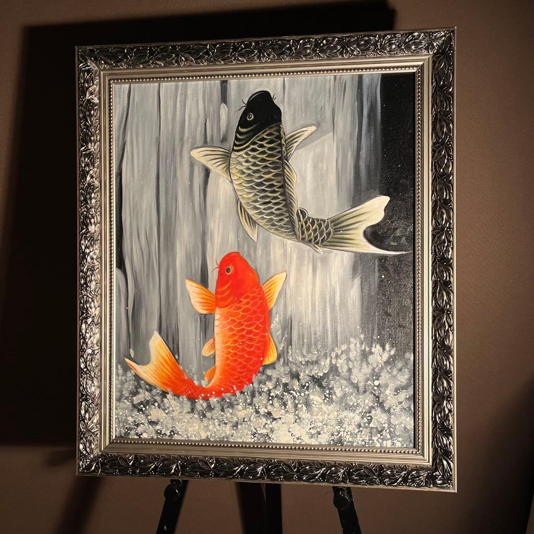 手書き油絵 鯉の滝登り 額付き 肉筆絵画 インテリア 油彩画
