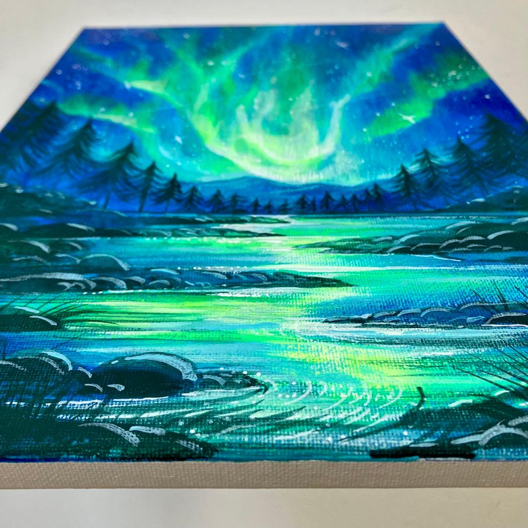 オーロラの夜景＊絵画 原画 風景画 冬 クリスマス 夜空 星空 アクリル