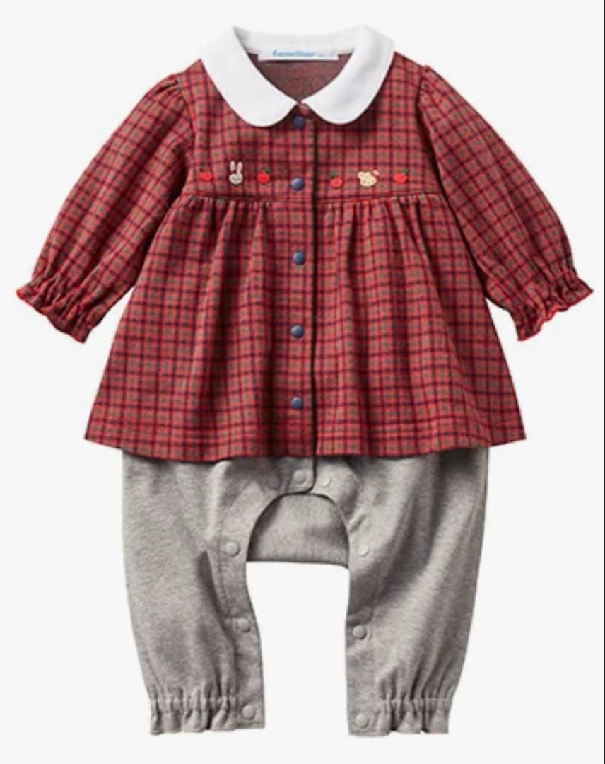 【美品】familiar 赤 チェック柄70cmロンパース(定価18150円)