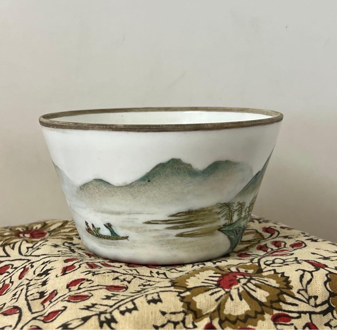 古美術• 手描粉彩山水人物水盂•【大清道光年製】在銘 • 時代物 XG55
