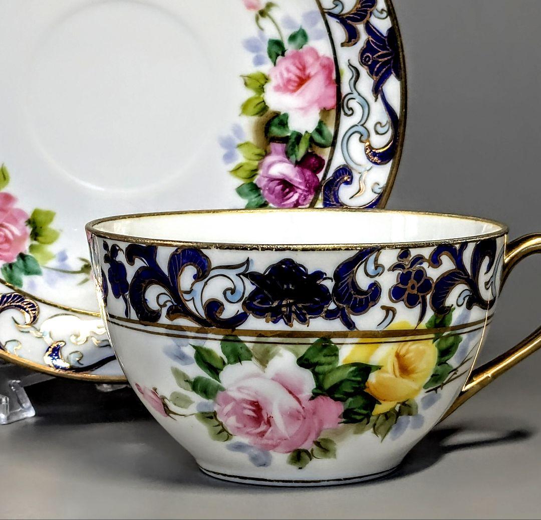オールドノリタケ銘品!! 金彩藍帯薔薇図紋 キャビネットカップ＆ソーサー
